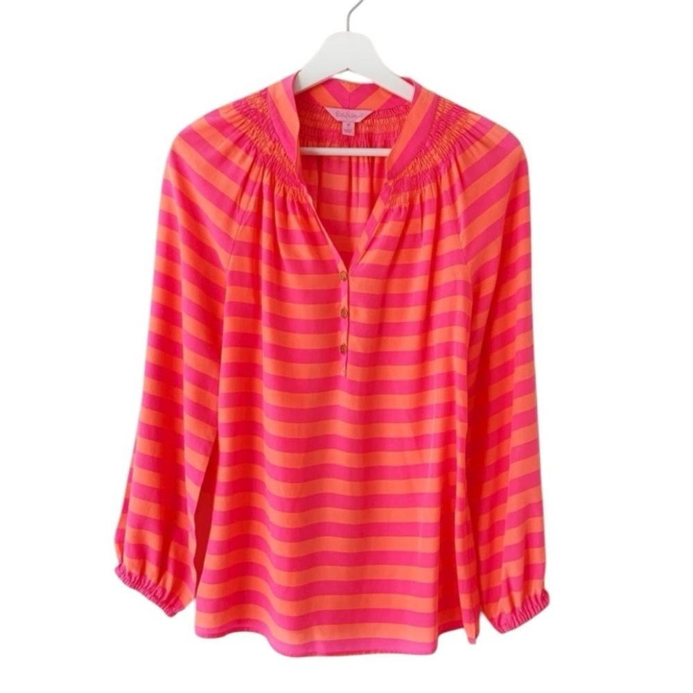 Lilly Pulitzer Elsa Top - Pink & Orange Striped Silk Popover Blouse Size XS